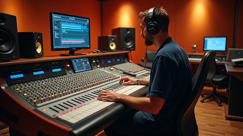 High angle view of a recording studio control room with sound engineer working