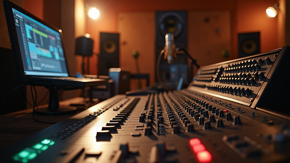 Eye-level view of a professional recording studio with mixing console and microphones