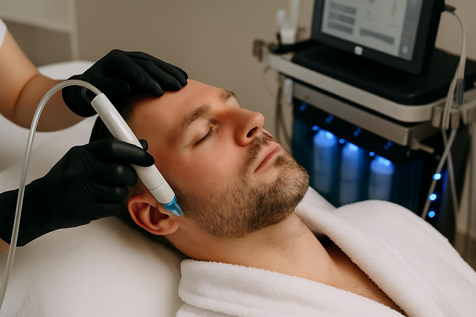 Man receiving a Men's HydraFacial at a clinic, demonstrating the treatment experience and potential benefits
