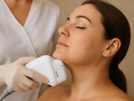 HIFU non-surgical treatment for double chin performed by a qualified practitioner on a patient with eyes closed and a calm expression, showing safe jawline contouring.
