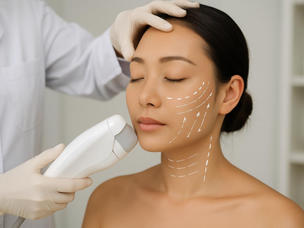 Woman receiving non-surgical facelift treatment in Singapore clinic with relaxed expression