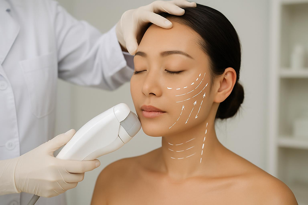 Non-surgical facelift in Singapore: woman receiving cheek and neck treatment at aesthetic clinic with calm expression and eyes closed