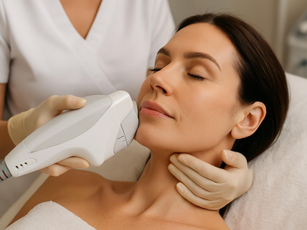 A woman with closed eyes receiving a HIFU treatment at a clinic, illustrating the potential benefits of this non-surgical skin tightening procedure.