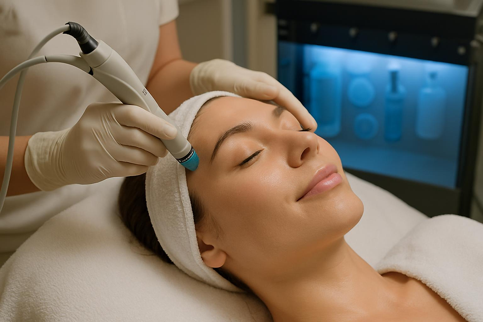 A woman with her eyes closed receiving a HydraFacial treatment at a clinic, looking relaxed and calm.