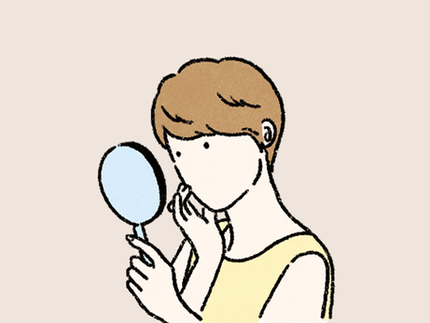 Illustration of a person examining their skin in a handheld mirror