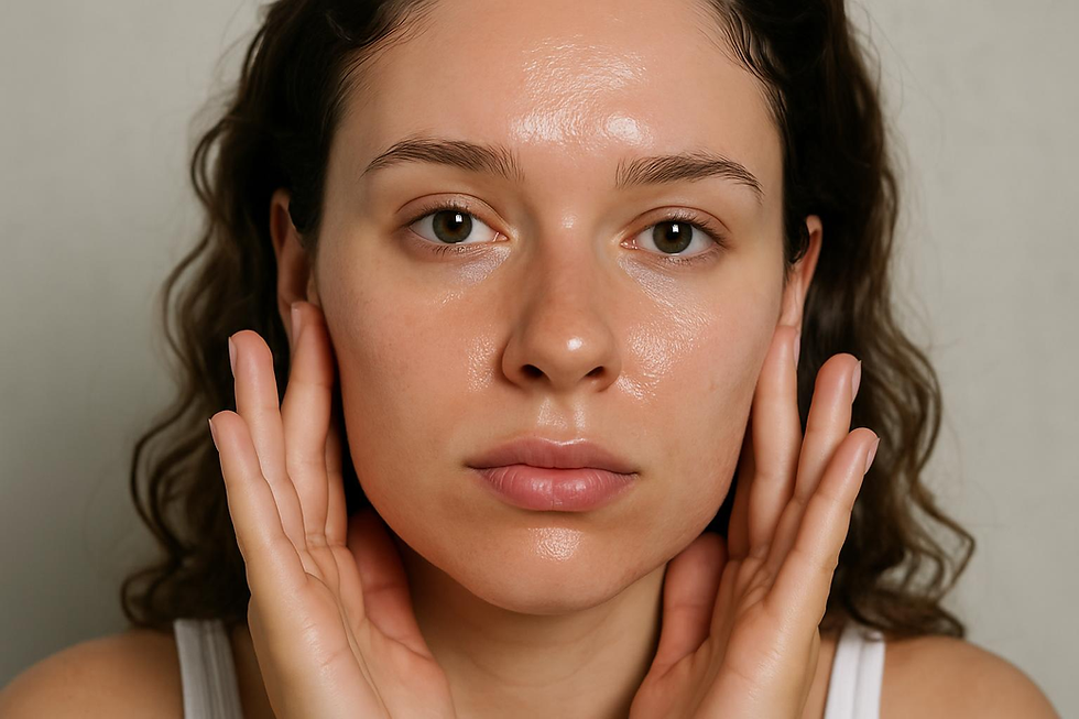 Woman touching her cheeks, showing shiny skin and a healthy glowing complexion