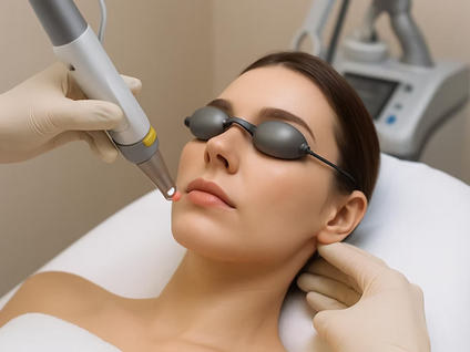 Patient receiving laser facial treatment with protective eyewear at medical aesthetic clinic in Singapore