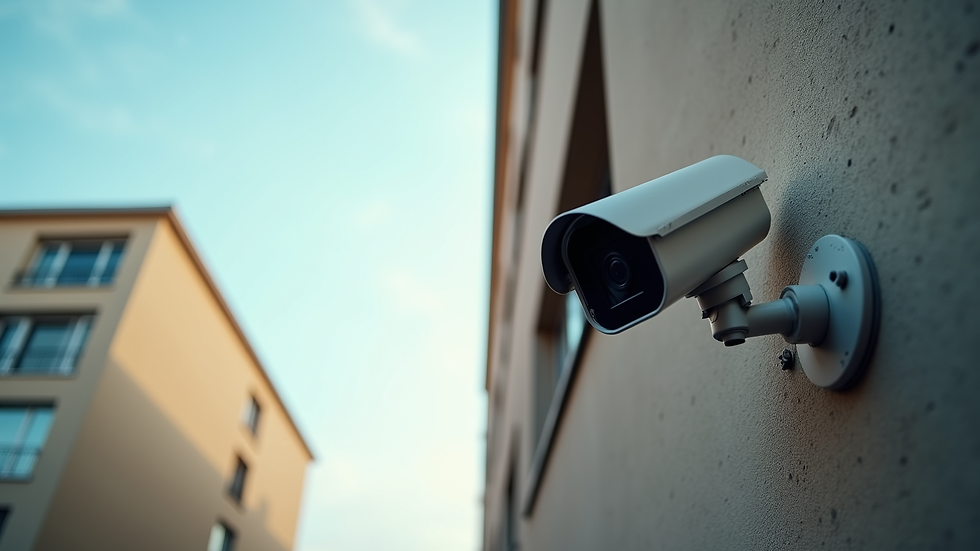 Eye-level view of a security camera mounted on a building corner