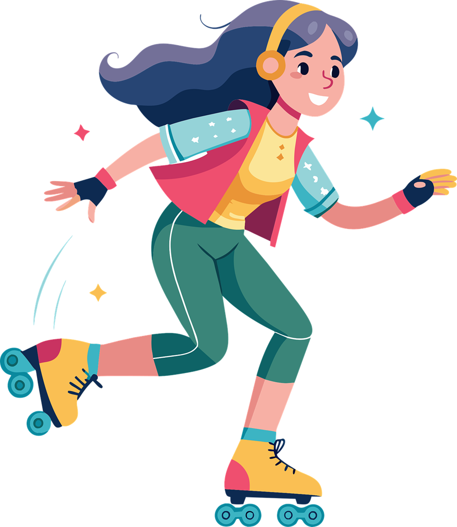 Young woman roller skating, smiling, wearing green pants, pink vest, and yellow headphones. Colorful stars in the background indicate motion.
