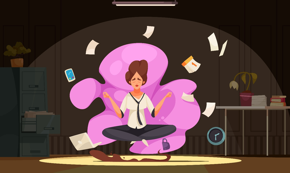 Woman meditating in office, sitting cross-legged with eyes closed. Floating papers, phone, laptop. Pink aura, calm mood, dim lighting.