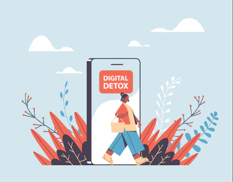 Person walking through a giant smartphone displaying "Digital Detox", surrounded by vibrant leaves under a clear, cloudy sky.
