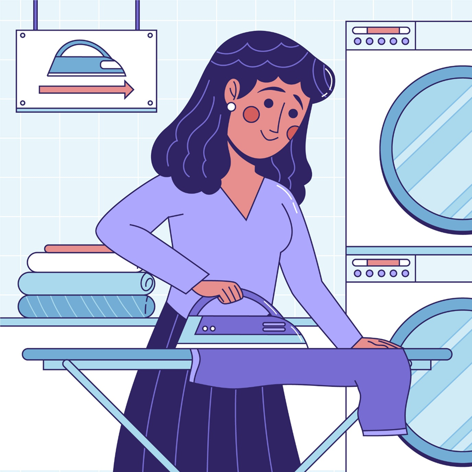 A woman with black hair irons clothes in a laundry room. She's smiling, surrounded by stacked towels and washing machines. A sign shows ironing instructions.