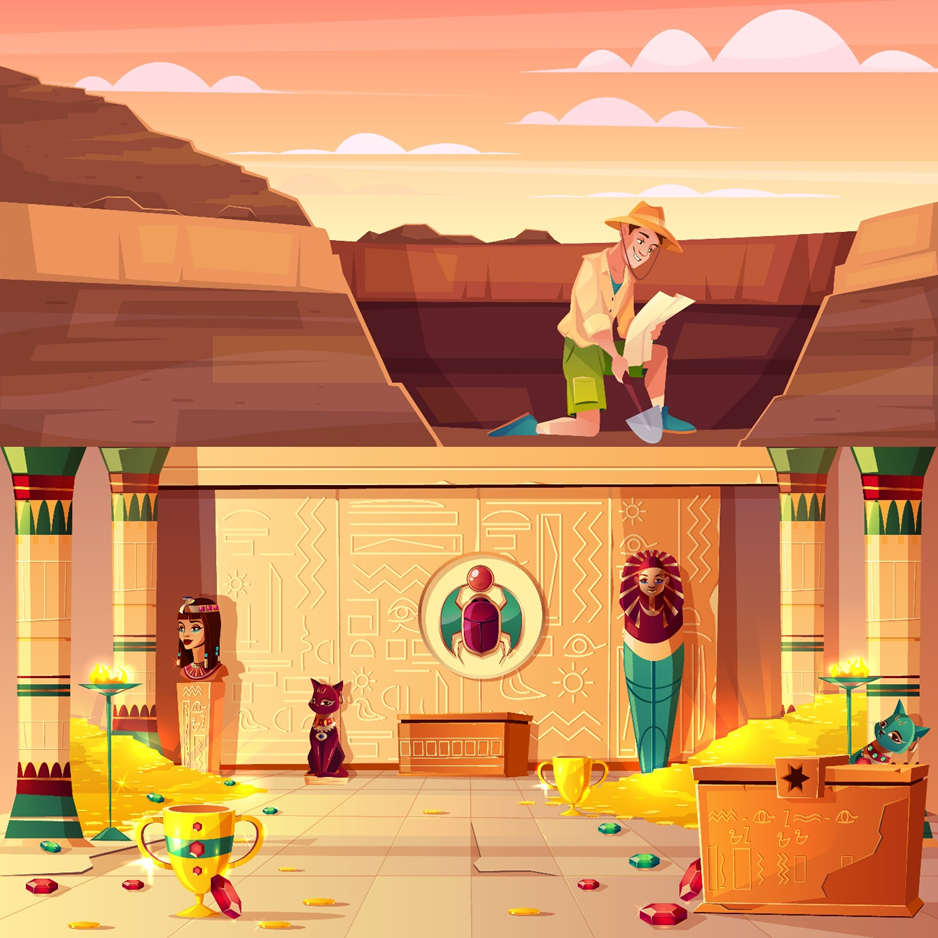 Explorer with a map and shovel kneels above an ancient Egyptian tomb. Inside, gold, jewels, cat statues, and hieroglyphs decorate the scene.