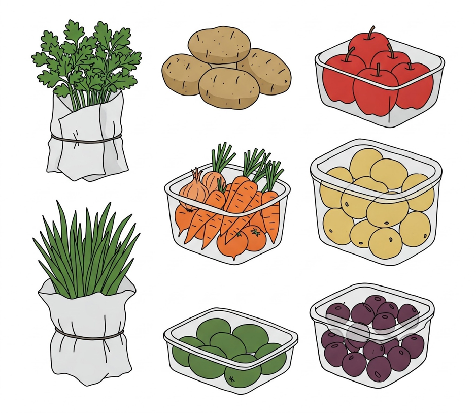 Illustration of various foods: parsley, potatoes, apples, carrots, onions, lemons, chives, limes, and grapes in containers on white.