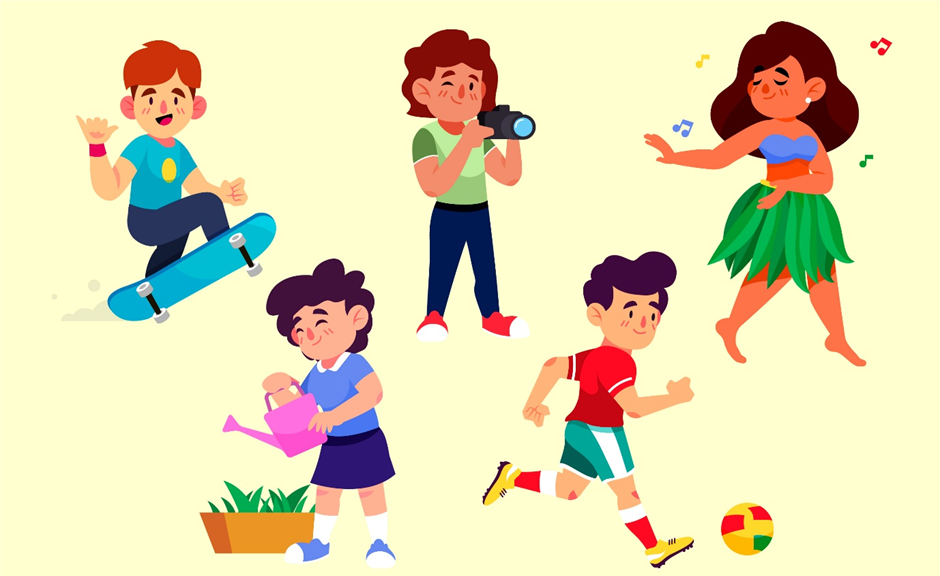 Five cartoon characters: a skateboarder, a photographer, a dancer, a gardener, and a soccer player, each engaged in their activities.