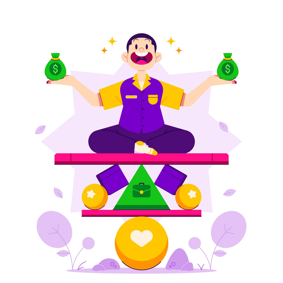 Person in purple and yellow attire sits cross-legged, joyously holding green money bags on a geometric design. Purple leaves and yellow hearts adorn.