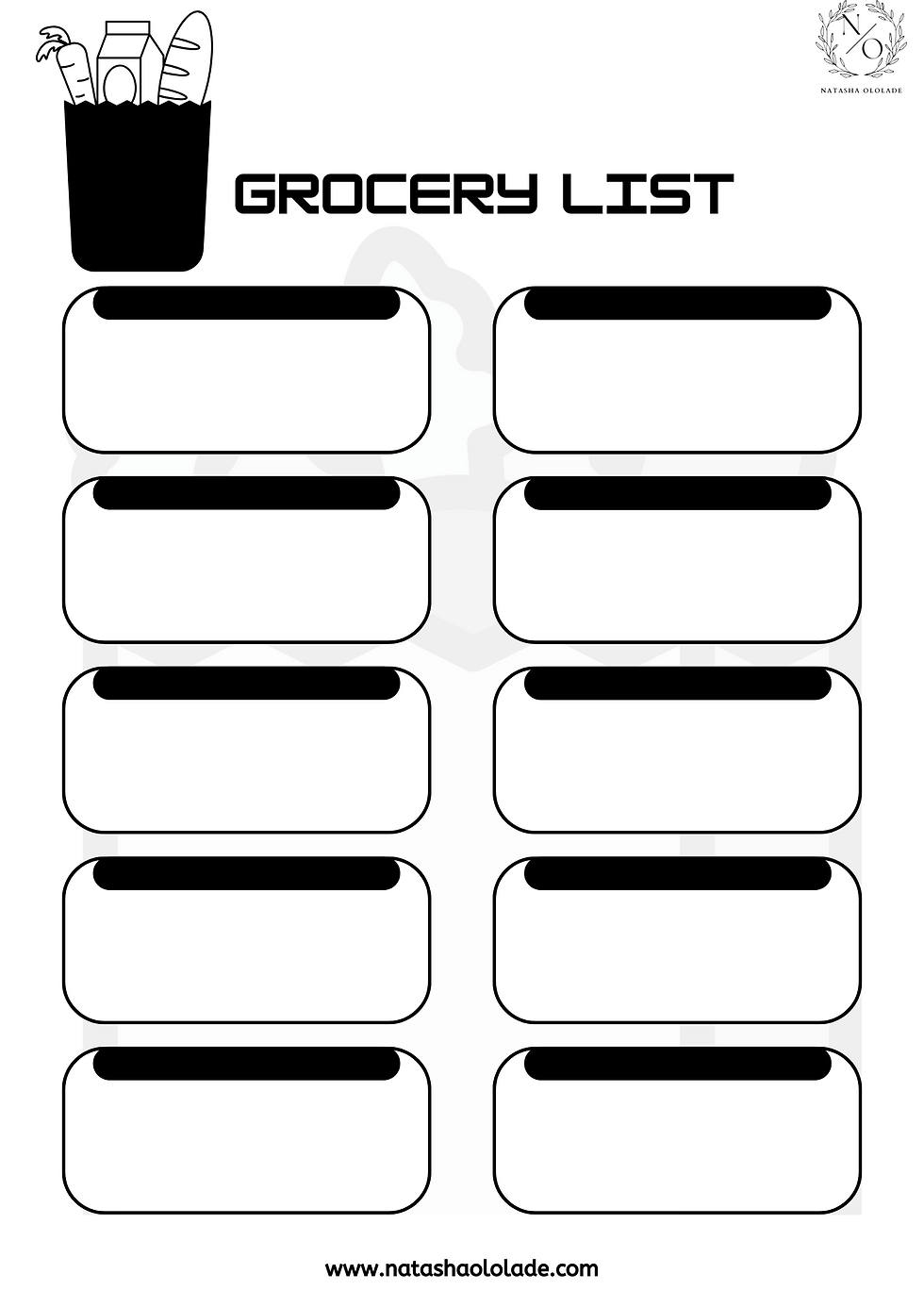 Fillable Black and White Grocery List