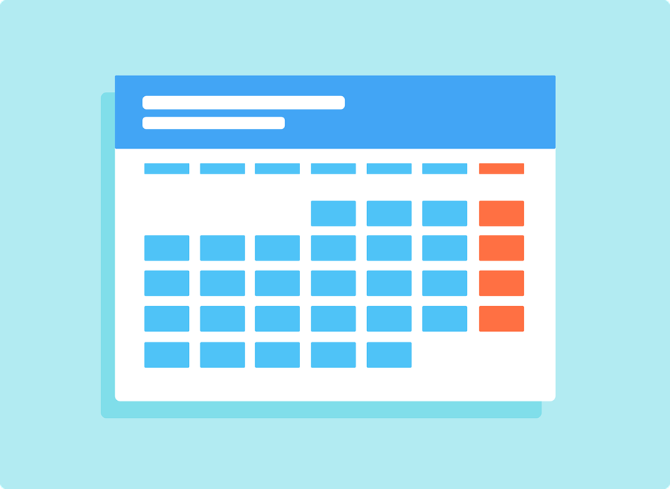 Calendar illustration with blue days, orange end days, and text bars on a light blue background, conveying organization and scheduling.