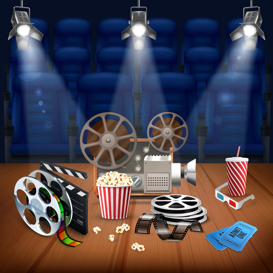 Vintage movie projector, film reels, popcorn, and drink on a wooden floor. Blue theater seats and spotlights in the background. Cozy cinema vibe.