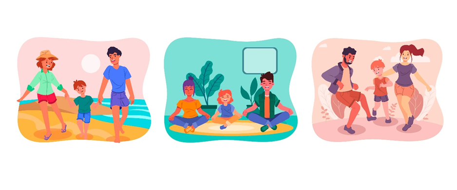 Three illustrations: a family walking on a beach, people meditating with plants, and a family dancing in a leafy area. Vibrant and cheerful.
