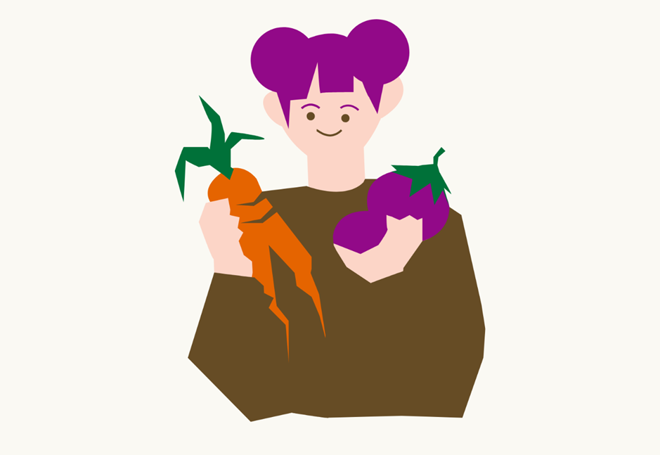 Cartoon person with purple hair smiles, holding a carrot and an eggplant. They're wearing a brown shirt against a plain background.