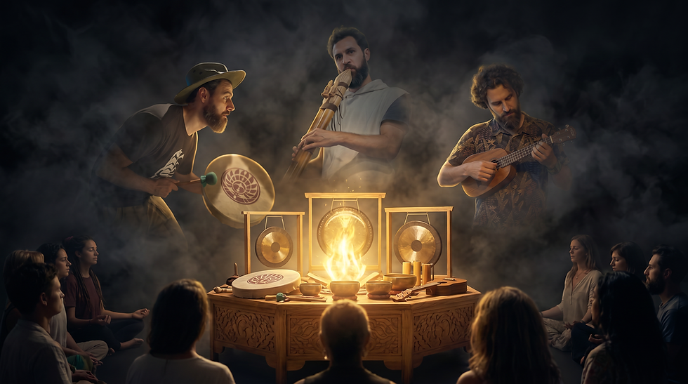 Firefly_Gemini Flash_Epic textless composition, a central glowing sound healing altar with