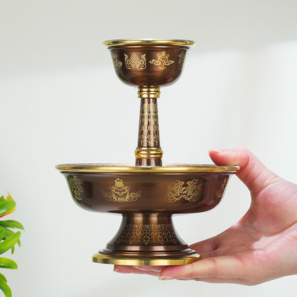 Pure Copper Tibetan Tribute Guardian Cup, Eight-Auspicious Carved 2-Layer Buddhi