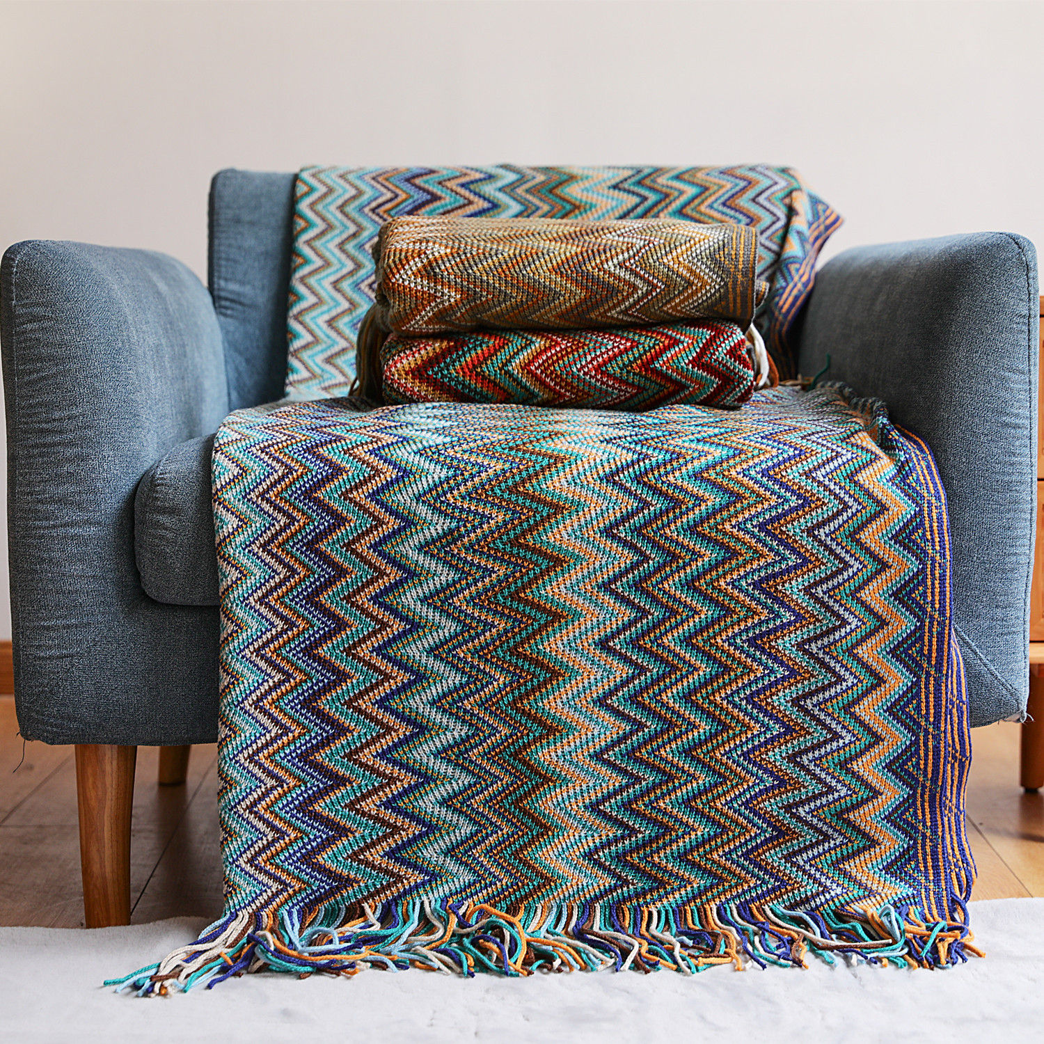 Textile City Bohemian Geometric Zigzag Chevron Woven Throw Blanket Colorful Frin