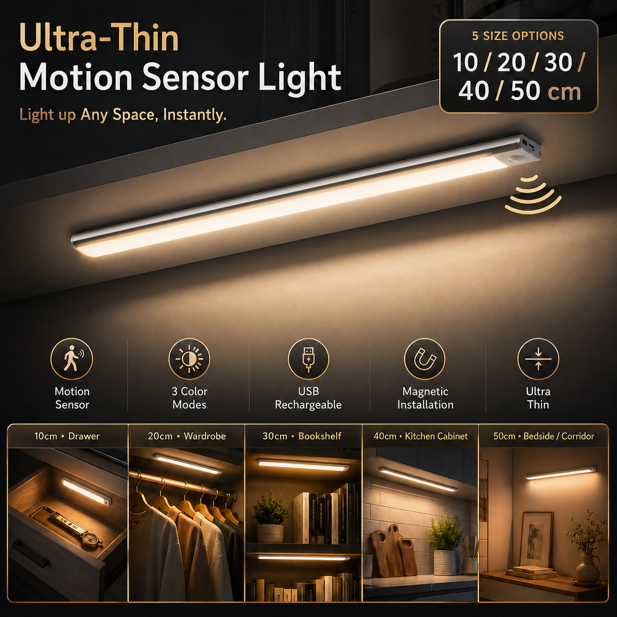 Ultra Thin Wireless LED Cabinet Light Motion Sensor USB TypeC Rechargeable Magne