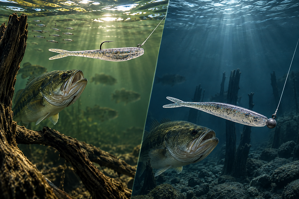 Graphic showing the difference between hover strolling and mid strolling baits being presented to bass
