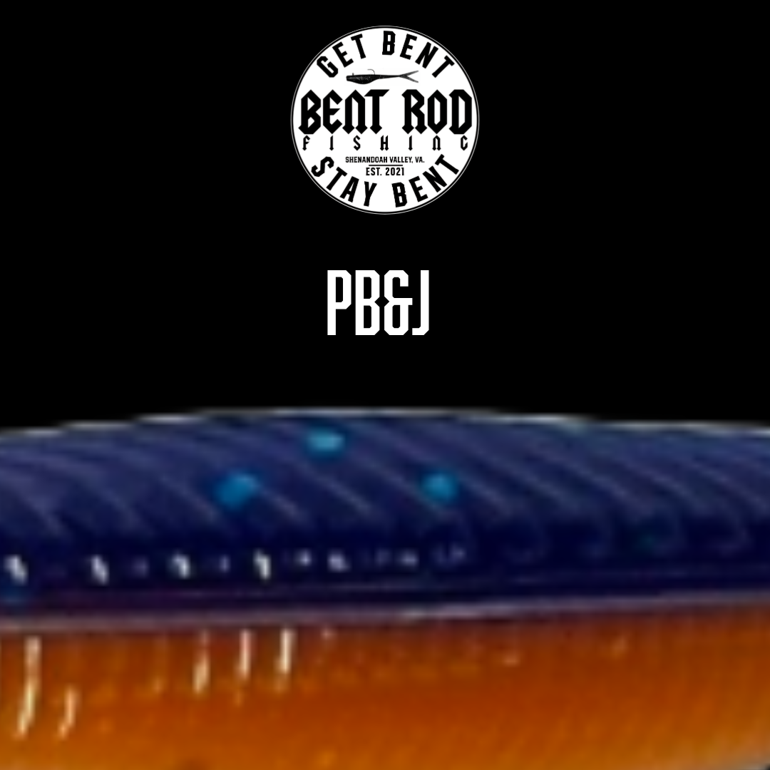 PB&J soft plastic laminate bait showing the purple top with green flake and light tan bottom with black flake