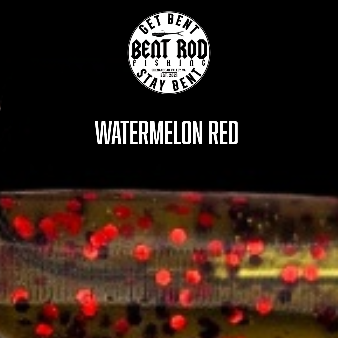 Watermelon Red custom soft plastic bait by Bent Rod Fishing with red flake and mica powder
