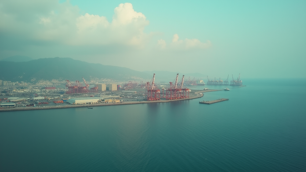 Vista aérea de un puerto mexicano con contenedores y grúas en operación