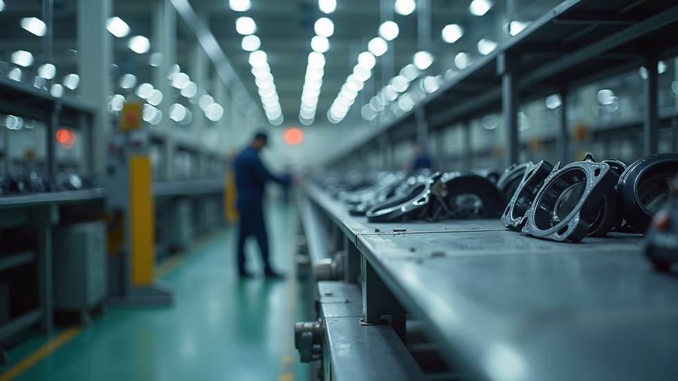 Vista lateral de una línea de producción de autopartes en fábrica