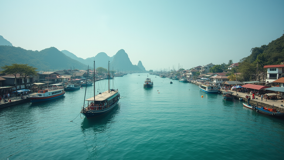 Vista panorámica de puerto en Tailandia con barcos y contenedores