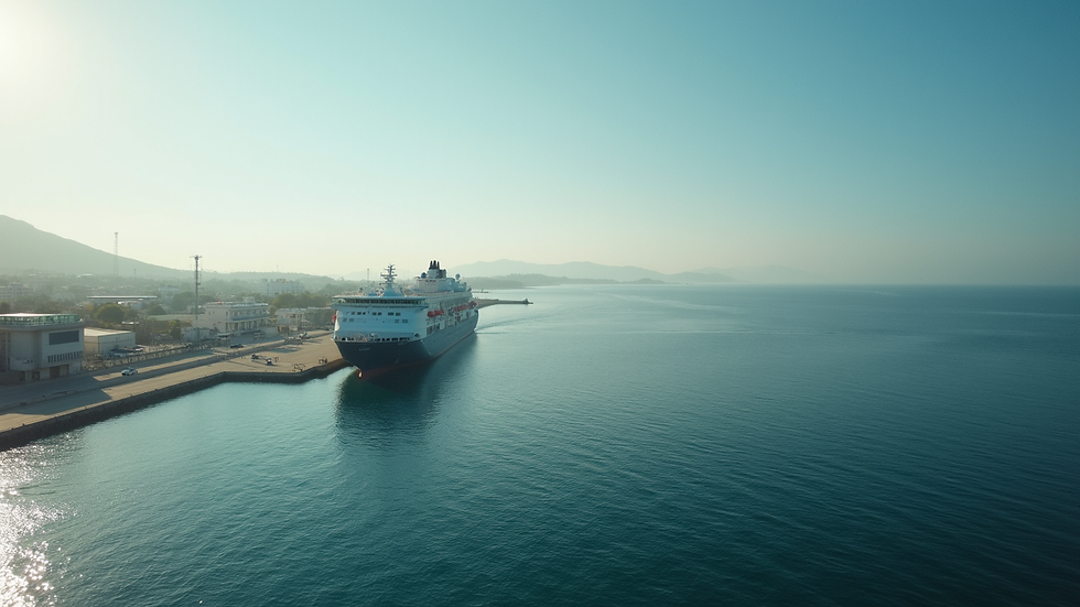 Vista aérea de un puerto marítimo con contenedores y grúas en operación