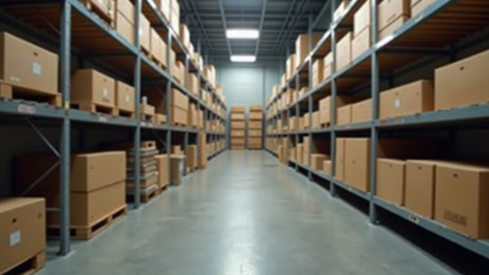 Vista frontal de almacén logístico con estanterías y cajas listas para exportación