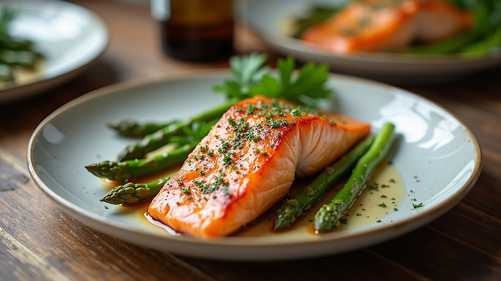 High angle view of grilled salmon served with asparagus