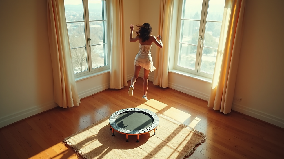 High angle view of a woman bouncing on a mini trampoline in a sunny room