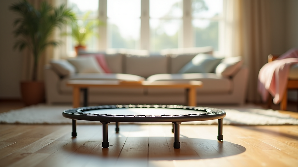 Eye-level view of a mini trampoline in a bright living room