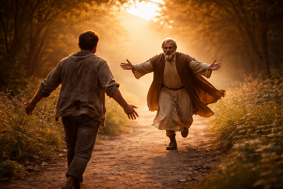 Father running to embrace his returning son on a sunlit path, illustrating the biblical story of the prodigal son and God’s restoring grace and unconditional love.