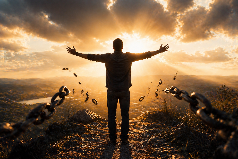 Person standing at sunrise with broken chains falling away, representing the transforming power of God’s grace and freedom from past bondage.