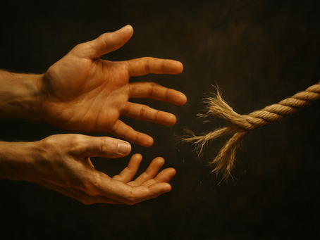 Two open hands reaching toward a fraying rope strand against a dark background, symbolizing vulnerability, letting go, and trust in God.