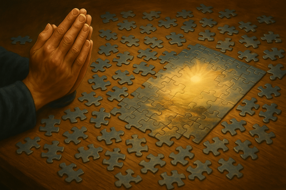 Outstretched hands holding puzzle pieces above a cracked table, symbolizing worship as the missing piece in building a life that stands firm.