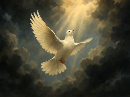 A white dove soaring upward through stormy clouds, illuminated by a golden beam of light from above—symbolizing the Holy Spirit, peace, and divine guidance amidst darkness.