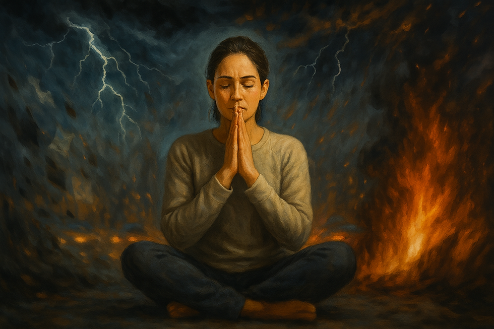 A calm woman sits cross-legged with eyes closed, praying in the midst of chaos—lightning flashes and fire surround her, yet she remains peaceful and centered.