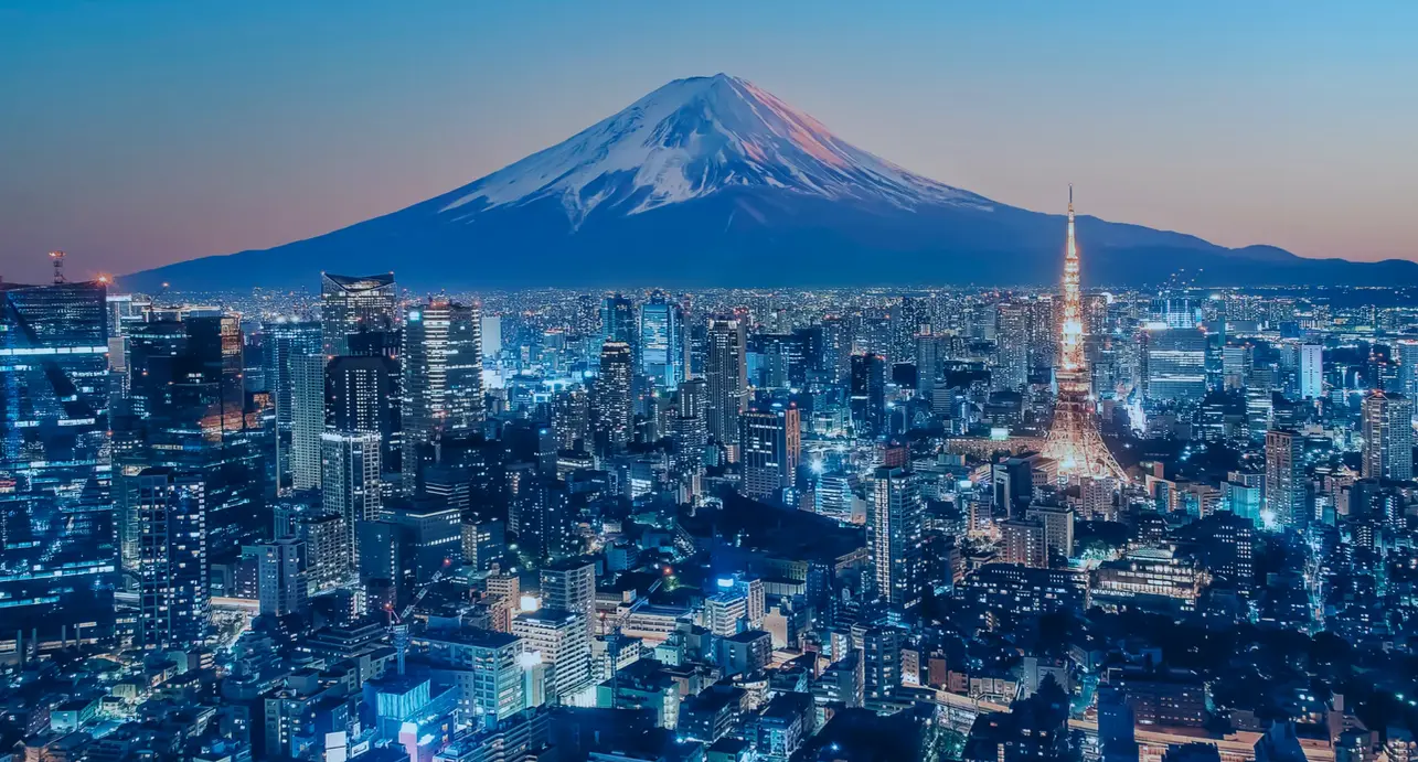 Tokyo city skyline at night with Tokyo Tower illuminated and Mount Fuji in the background
