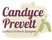 Candyce Prevett Surface Pattern Designer logo on an artistic watercolor background.