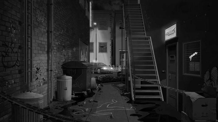digital illustration, crime, dark alley, ghetto, dark, crime, Black and White, crime scene, Tatort