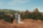 Bride and groom exchange vows on red rocks as officiant reads, with green mountains and dramatic sandstone spires under blue sky.
